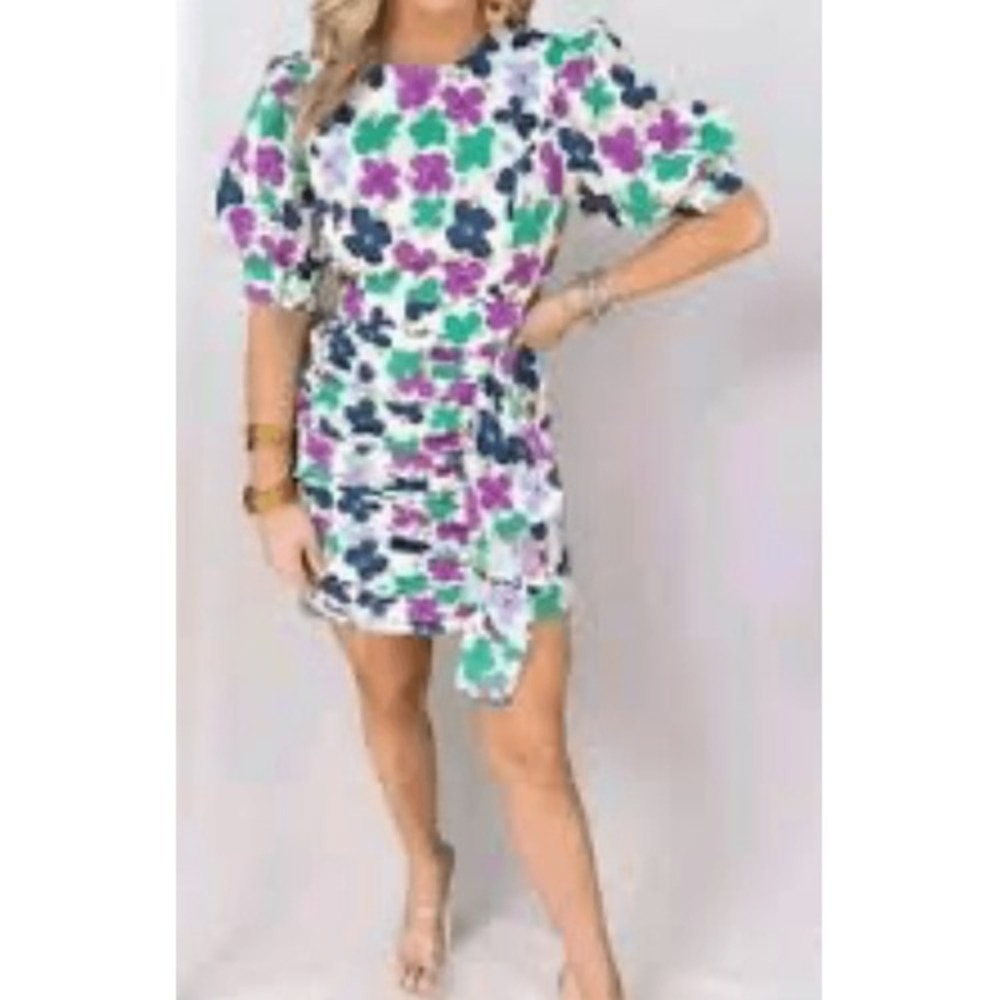Aureum Womens Floral Ruched Sash Mini Dress Multicolor Size Medium NWT